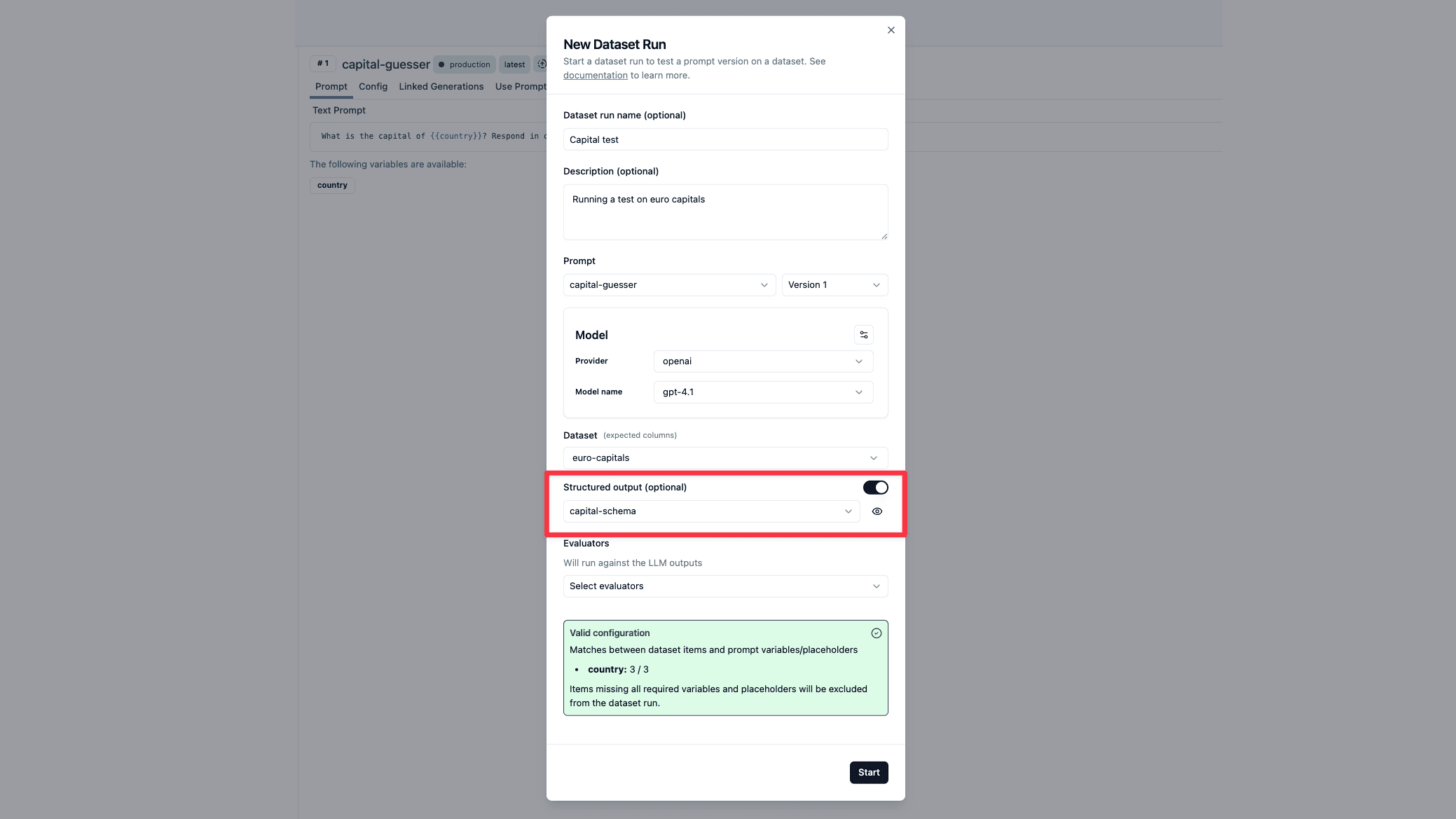 Structured Output Support for Prompt Experiments